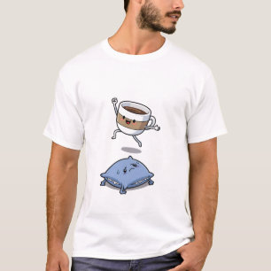 Energetic Cartoon Coffee Cup Jumping Over T-Shirt