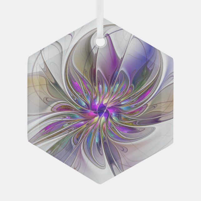 Energetic, Colorful Abstract Fractal Art Flower Glass Ornament (Front)