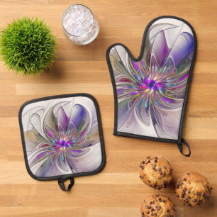 Energetic, Colorful Abstract Fractal Art Flower Oven Mitt & Pot Holder Set