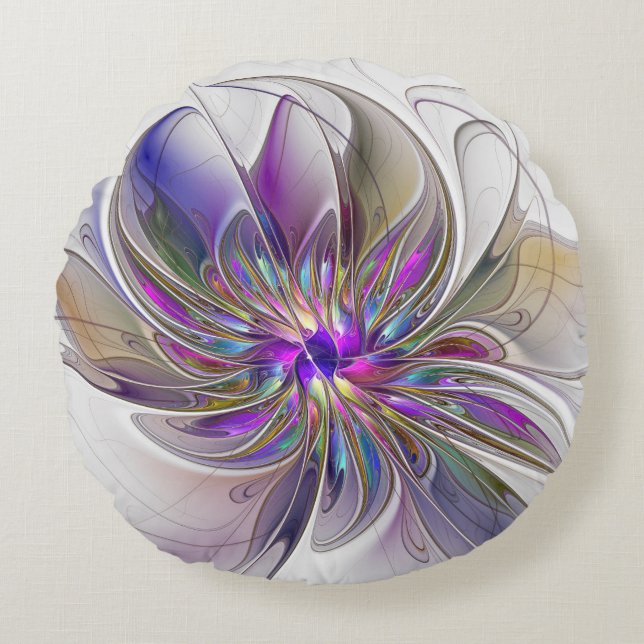 Energetic, Colorful Abstract Fractal Art Flower Round Pillow (Front)