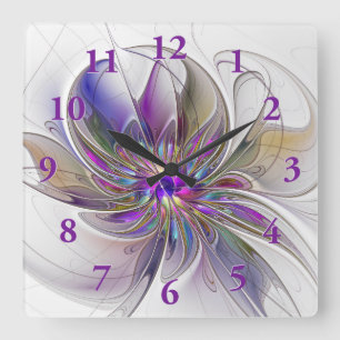 Energetic, Colorful Abstract Fractal Art Flower Square Wall Clock