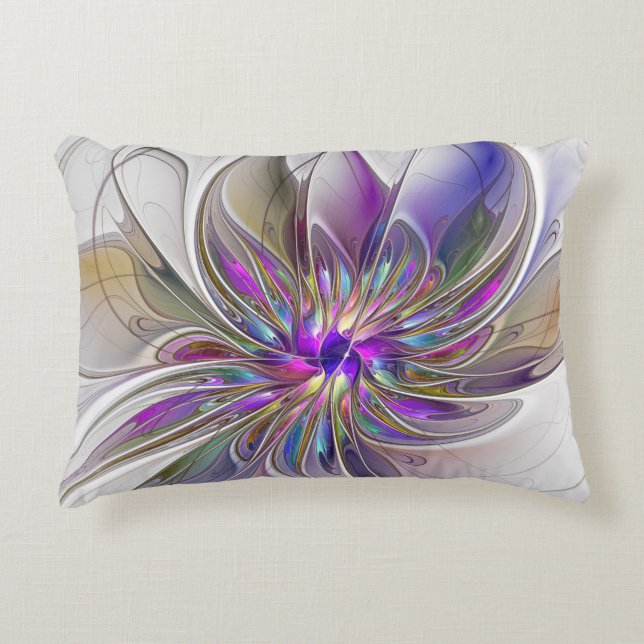 Energetic, Colourful Abstract Fractal Art Flower Accent Pillow (Front)