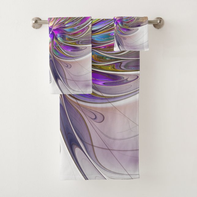 Energetic, Colourful Abstract Fractal Art Flower Bath Towel Set (Insitu)