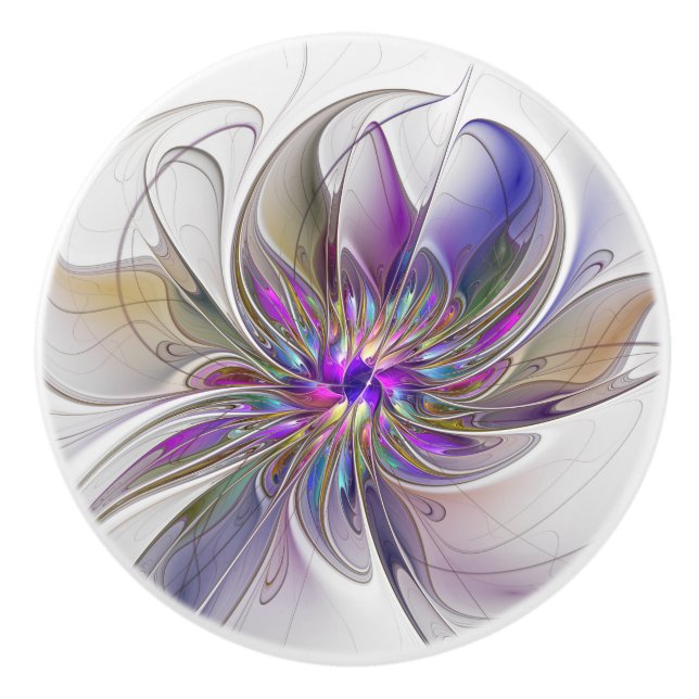 Energetic, Colourful Abstract Fractal Art Flower Ceramic Knob (Front)