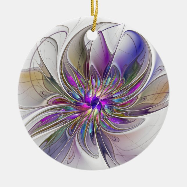 Energetic, Colourful Abstract Fractal Art Flower Ceramic Ornament (Front)