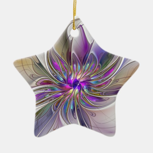 Energetic, Colourful Abstract Fractal Art Flower Ceramic Ornament (Front)