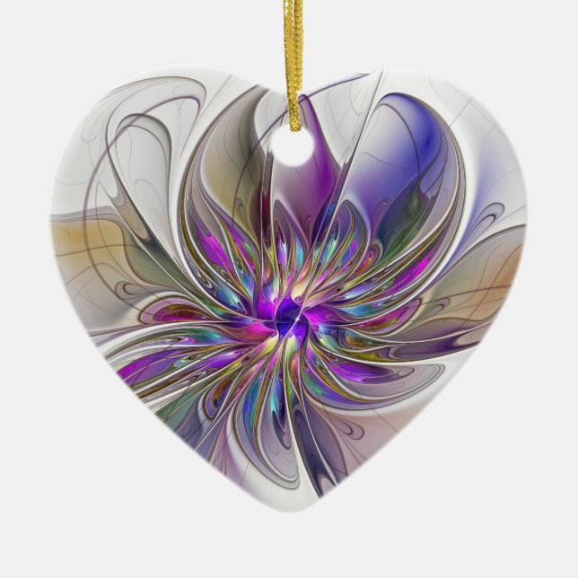 Energetic, Colourful Abstract Fractal Art Flower Ceramic Ornament (Front)