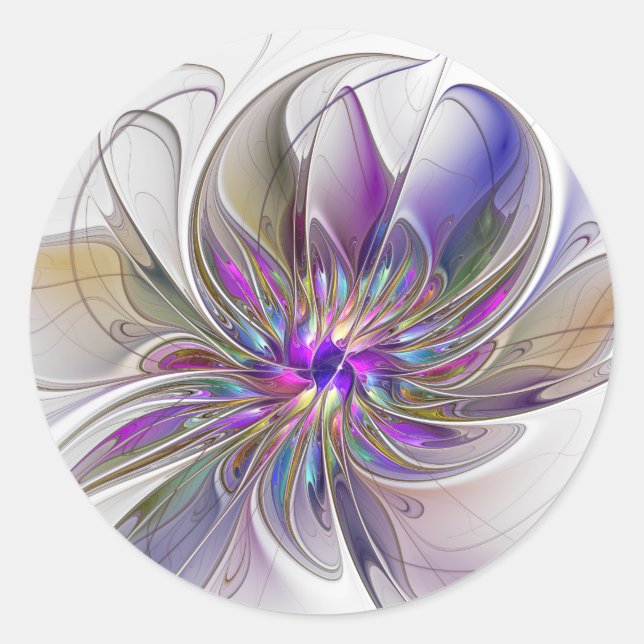 Energetic, Colourful Abstract Fractal Art Flower Classic Round Sticker (Front)
