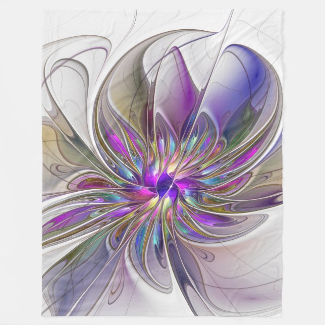 Energetic, Colourful Abstract Fractal Art Flower Fleece Blanket (Front)