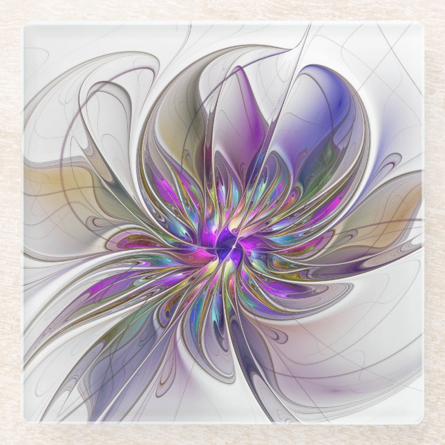 Energetic, Colourful Abstract Fractal Art Flower Glass Coaster (Front)