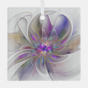 Energetic, Colourful Abstract Fractal Art Flower Glass Ornament