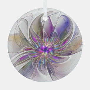 Energetic, Colourful Abstract Fractal Art Flower Glass Ornament