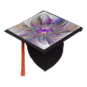Energetic, Colourful Abstract Fractal Art Flower Graduation Cap Topper