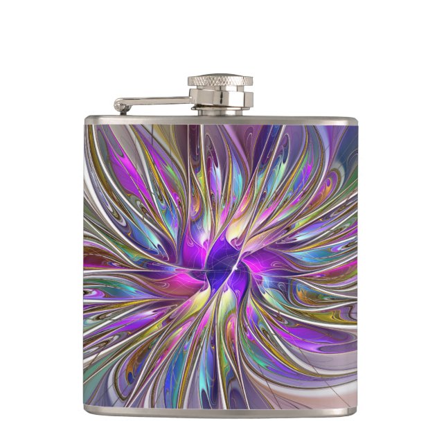 Energetic, Colourful Abstract Fractal Art Flower Hip Flask (Front)