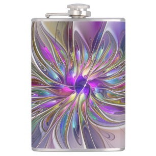 Energetic, Colourful Abstract Fractal Art Flower Hip Flask