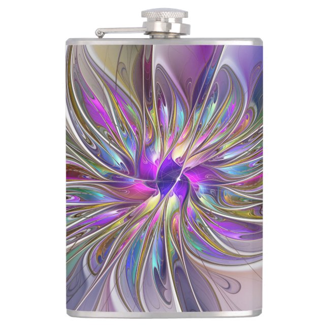 Energetic, Colourful Abstract Fractal Art Flower Hip Flask (Front)