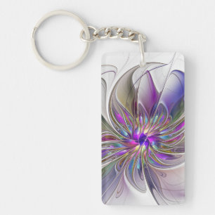 Energetic, Colourful Abstract Fractal Art Flower Keychain
