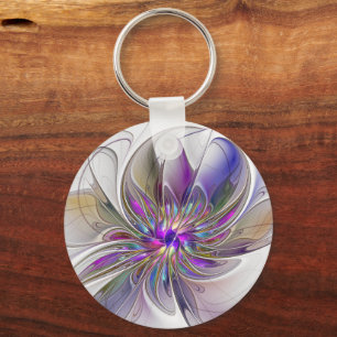 Energetic, Colourful Abstract Fractal Art Flower Keychain