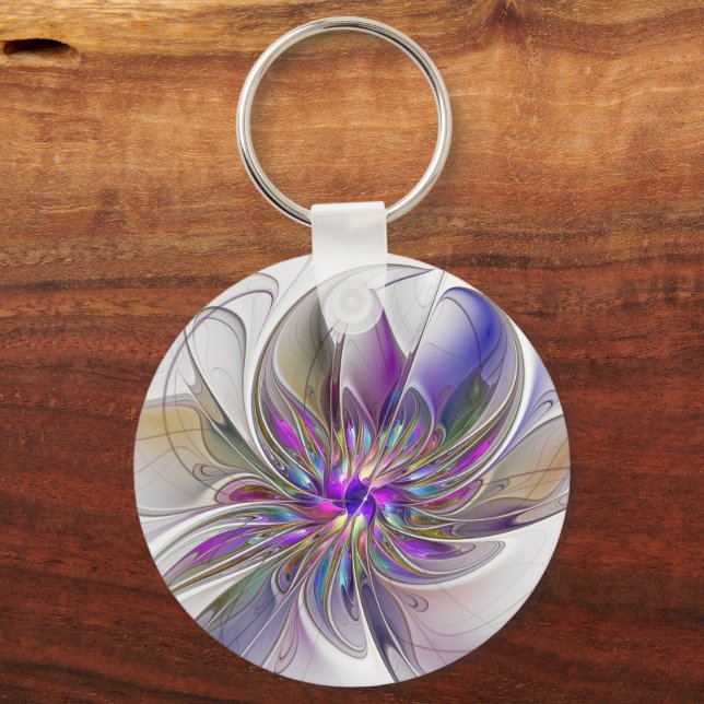 Energetic, Colourful Abstract Fractal Art Flower Keychain (Front)