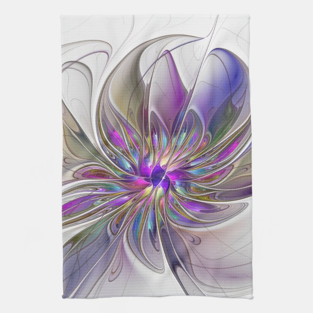 Energetic, Colourful Abstract Fractal Art Flower Kitchen Towel (Vertical)