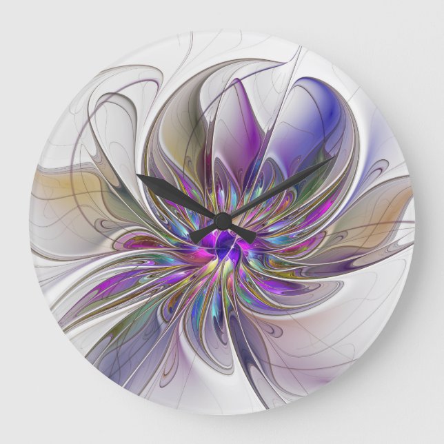 Energetic, Colourful Abstract Fractal Art Flower Large Clock (Front)