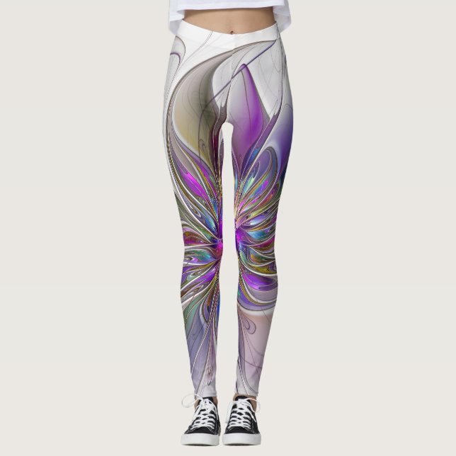 Energetic, Colourful Abstract Fractal Art Flower Leggings (Front)