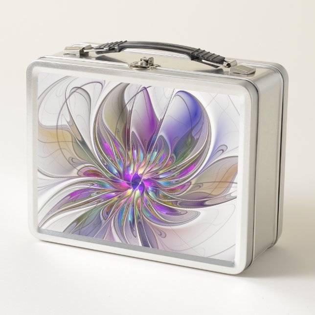 Energetic, Colourful Abstract Fractal Art Flower Metal Lunch Box (Front)