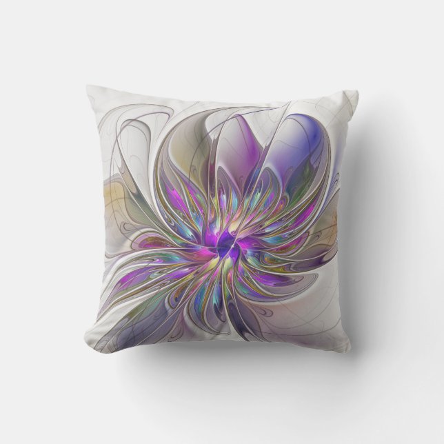 Energetic, Colourful Abstract Fractal Art Flower Outdoor Pillow (Front)