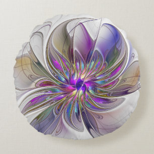 Energetic, Colourful Abstract Fractal Art Flower Round Pillow