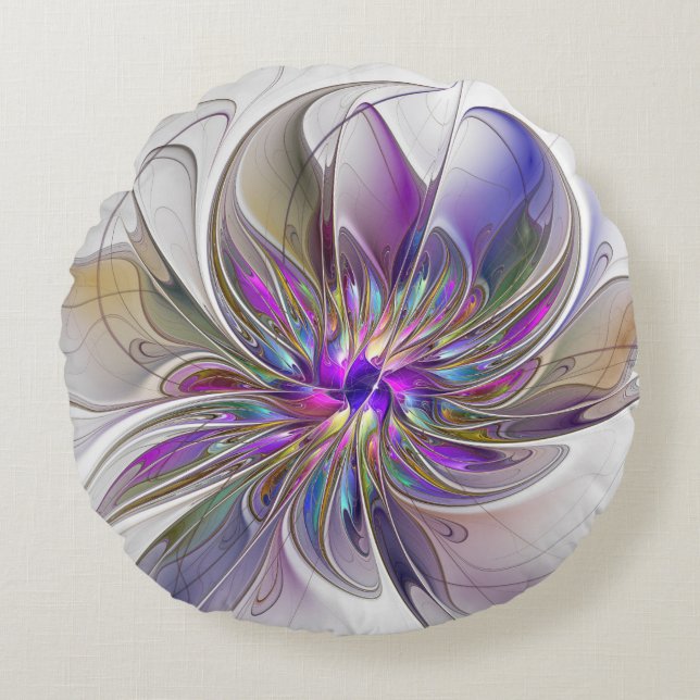 Energetic, Colourful Abstract Fractal Art Flower Round Pillow (Front)