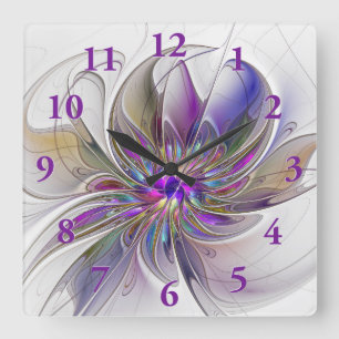 Energetic, Colourful Abstract Fractal Art Flower Square Wall Clock
