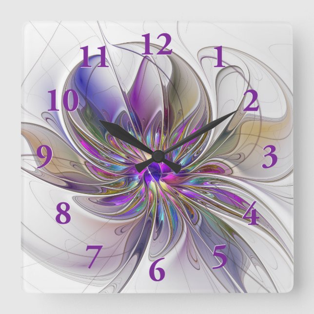 Energetic, Colourful Abstract Fractal Art Flower Square Wall Clock (Front)