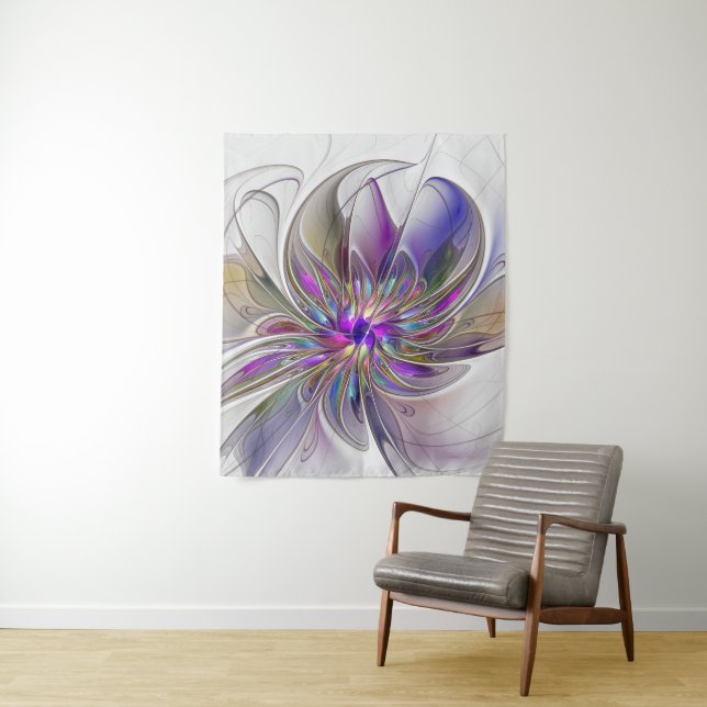 Energetic, Colourful Abstract Fractal Art Flower Tapestry (In Situ)
