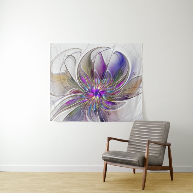 Energetic, Colourful Abstract Fractal Art Flower Tapestry (In Situ (Horizontal))