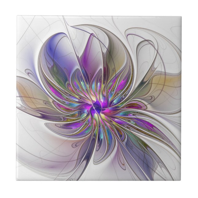 Energetic, Colourful Abstract Fractal Art Flower Tile (Front)