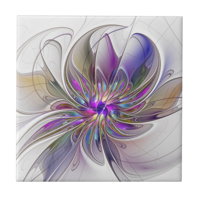 Energetic, Colourful Abstract Fractal Art Flower Tile (Front)