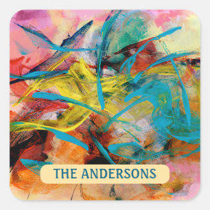 Energetic Colourful Abstract Painting, Name Square Sticker