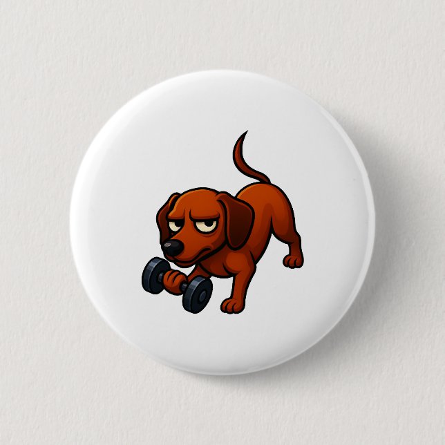 Energetic dachshund dumbbell comic motivation 2 inch round button (Front)
