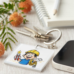 Energetic Electrician Mascot Lightning Cartoon Art Keychain