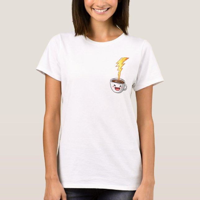 Energetic Kawaii Coffee Cup with Lightning Bolt T-Shirt (Front)