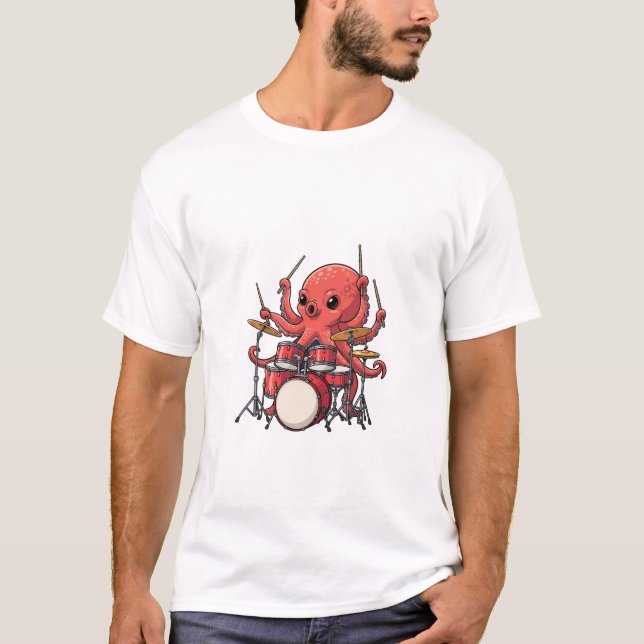 Energetic Red Octopus Drummer Multitasking T-Shirt (Front)