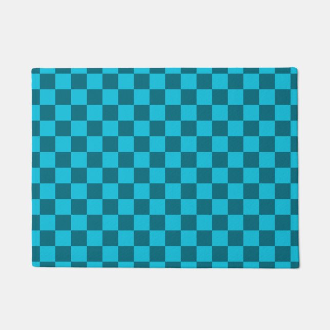 Energizing Teal and Turquoise Chequerboard Pattern Doormat (Front)