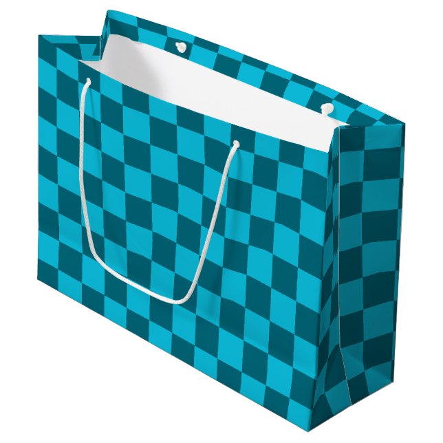 Energizing Teal and Turquoise Chequerboard Pattern Large Gift Bag (Front Angled)