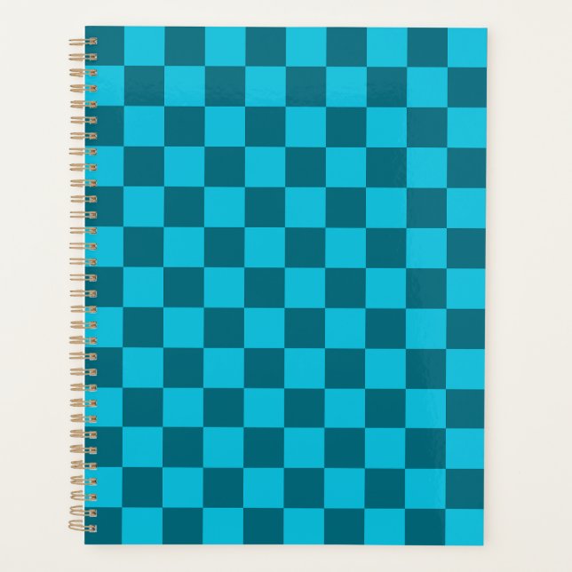 Energizing Teal and Turquoise Chequerboard Pattern Planner (Front)