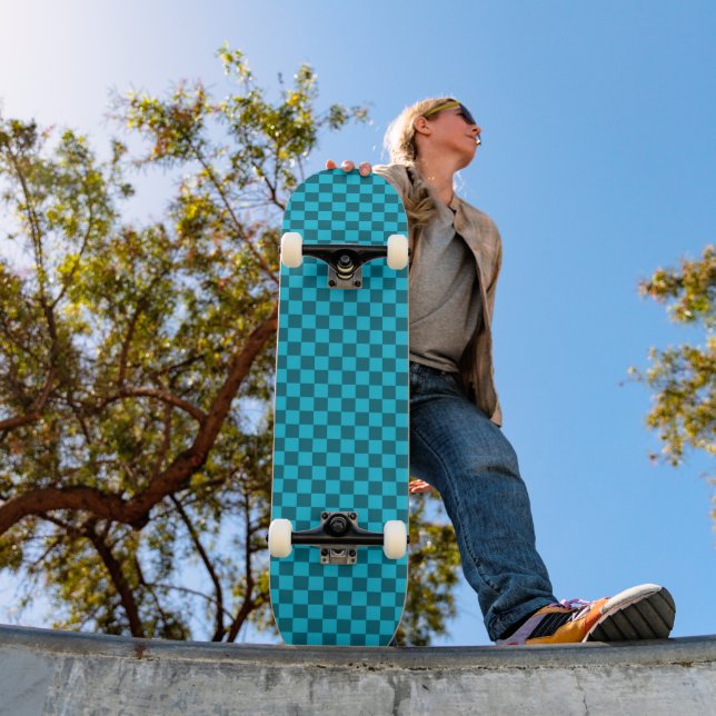 Energizing Teal and Turquoise Chequerboard Pattern Skateboard (Outdoor 1)