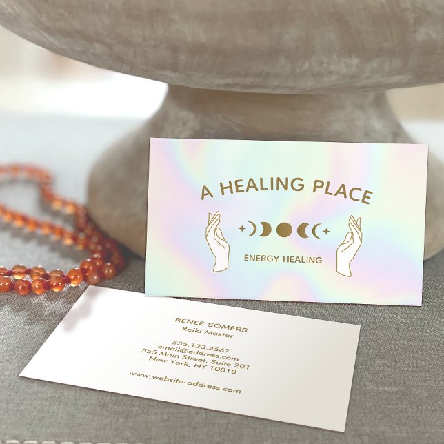 Energy Healer Holographic Hands Moon Phases Business Card (Creator Uploaded)