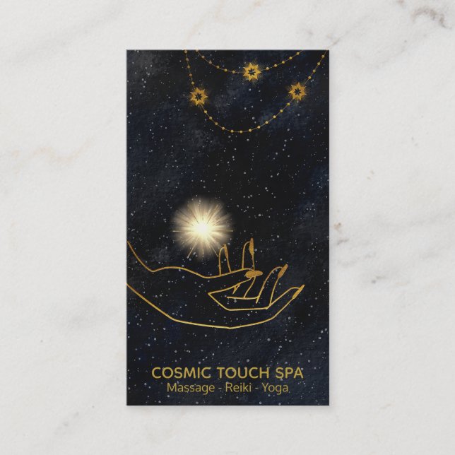 *~* Energy Healing Gold Cosmic Hands Stars Business Card (Front)