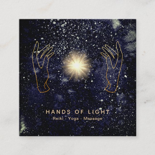 *~* Energy Healing Hands Ball of Reiki Light Navy Square Business Card (Front)