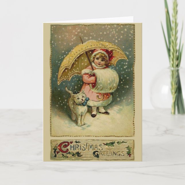 Enfant et chat victorien en neige Carte de Noël (Devant)