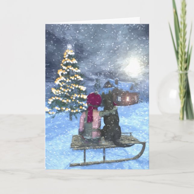 Enfant et chien à l'écoute de la carte de Noël Pèr (Devant)